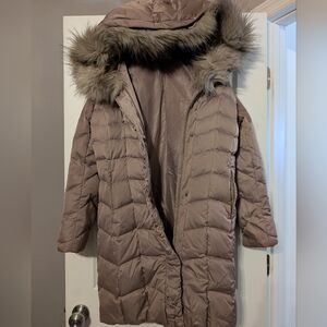 Women's Taupe Quilted Coat with Faux Fur Trim